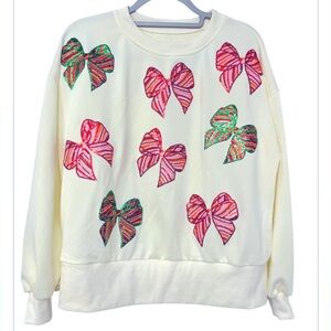 Sequin Red Pink Ribbons CreamSweatshirt Long Sleeve Pullover Crewneck Size M